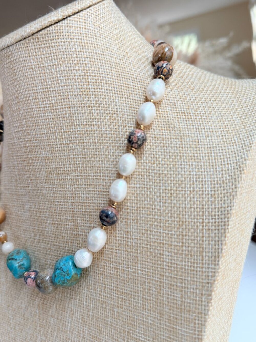 One of a Kind Turquoise Pearl Natural Stone Necklace - Picture 5 of 13